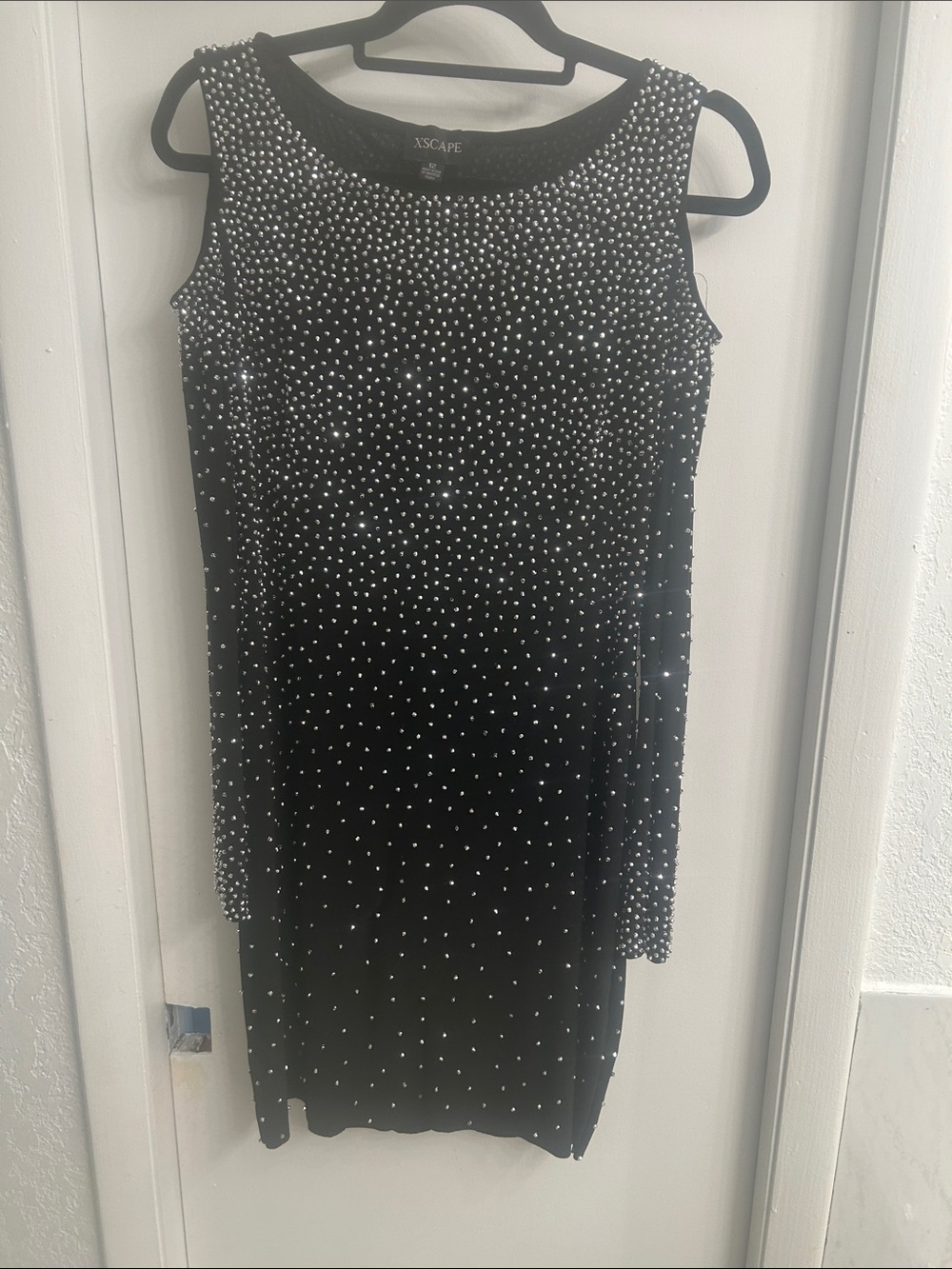 Xscape Black Sleeveless Mini Dress with Silver Crystal Embellishments